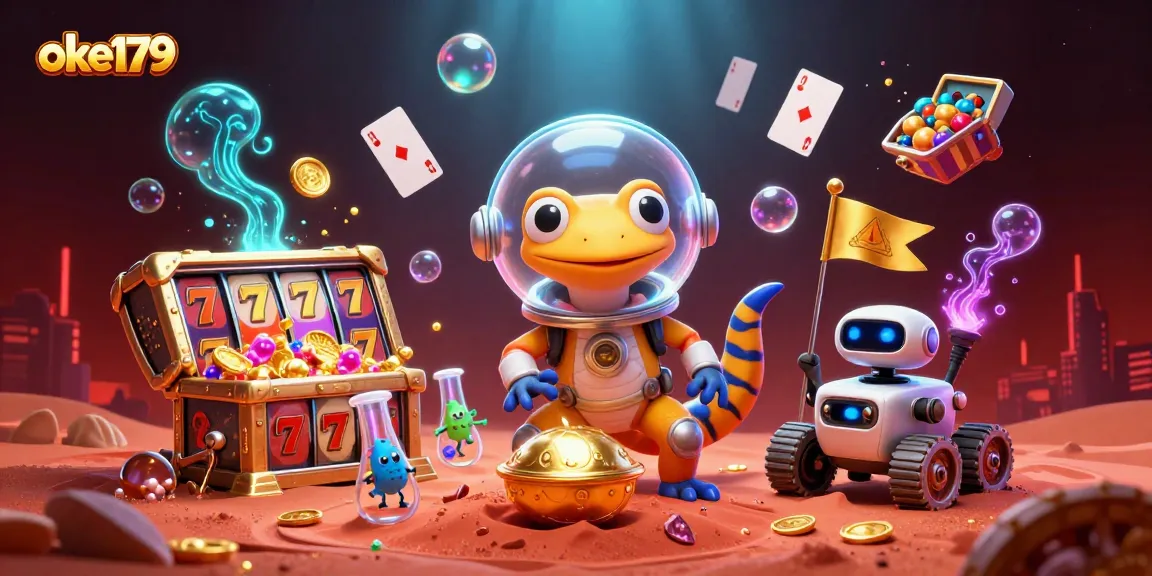 Experience the thrill of oke179 casino with vibrant slot reels and a Martian gecko in a colorful 3D scene.