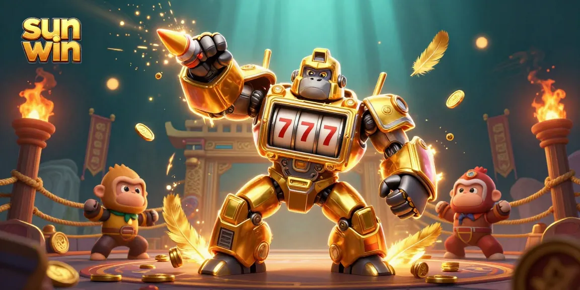 Experience thrilling action with sun win as a golden gorilla mech bursts with coins in an epic gambling scene.