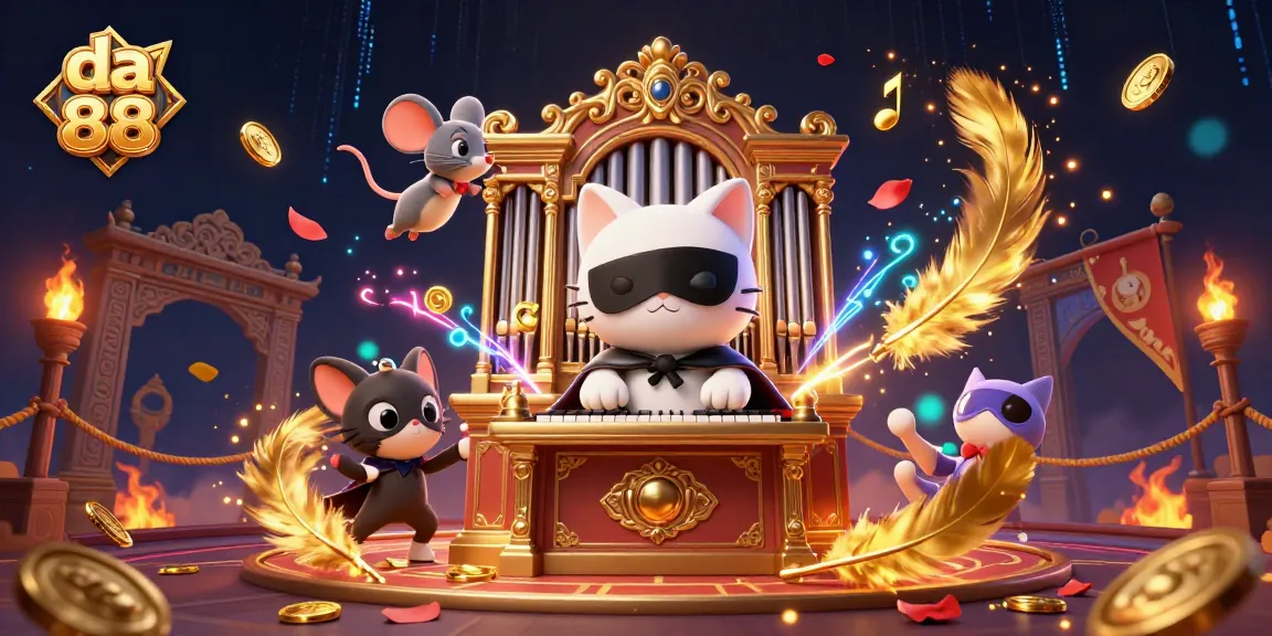 Engage with the vibrant da 88 scene showcasing a phantom cat and acrobat in a dynamic gambling illustration.