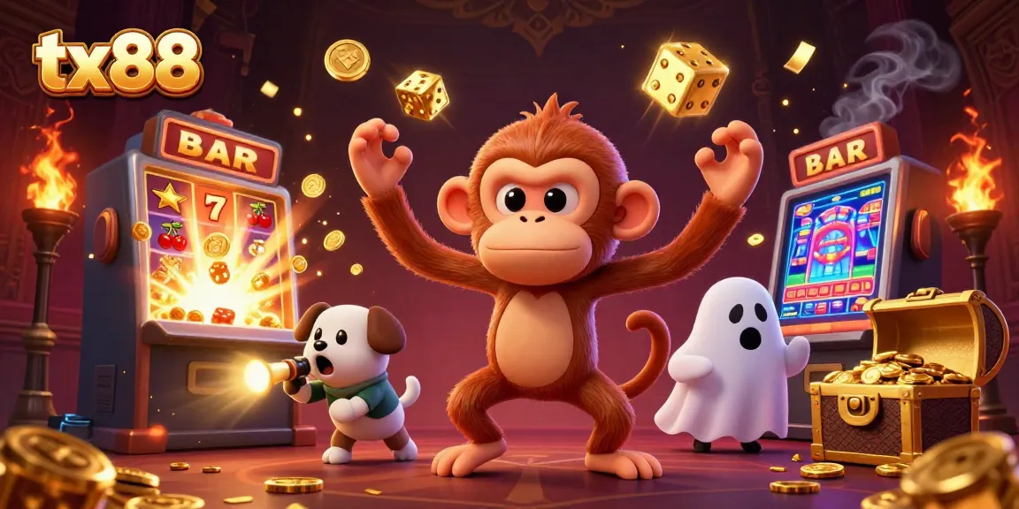 Engaging tx88 scene with a mischievous poltergeist monkey and a ghost-hunter puppy in a lively casino.
