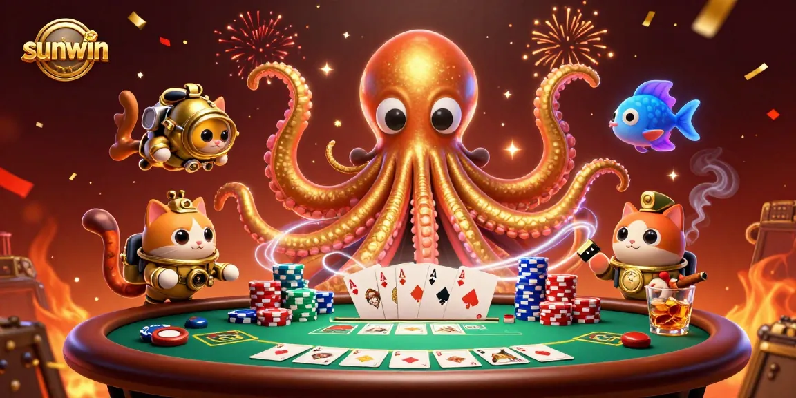 Experience sunwin's captivating casino scene with a kraken and diving cat at a vibrant poker table.