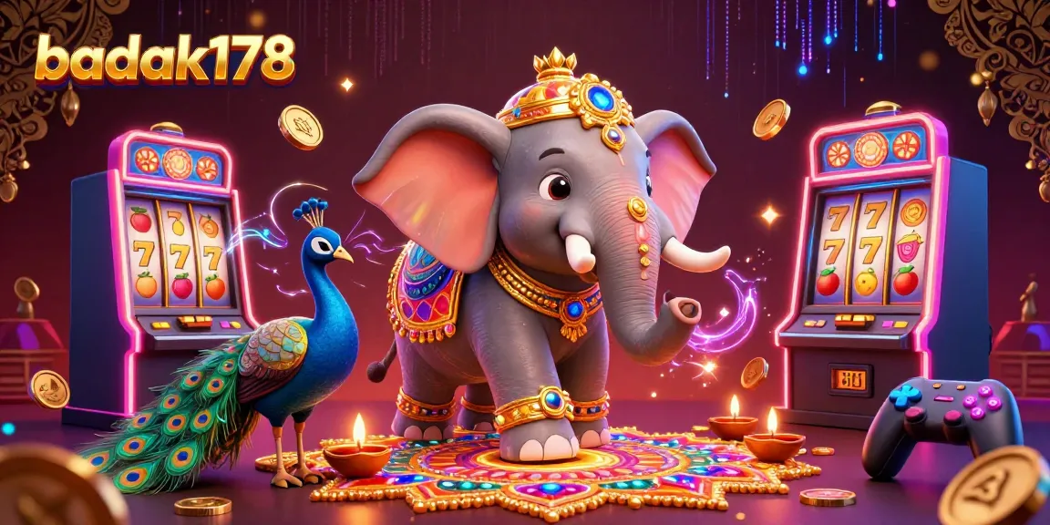 Engage with badak178 in a vibrant casino scene with a Diwali-themed elephant and colorful slot machines.