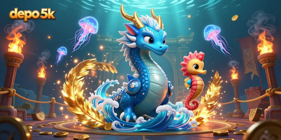 Experience the excitement of depo 5k with a vibrant dragon and seahorse in a casino-themed underwater adventure.