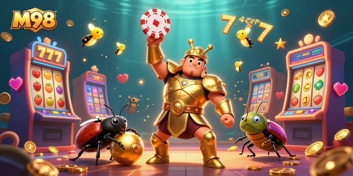 M98 slot adventures with a victorious beetle hero and vibrant casino elements.