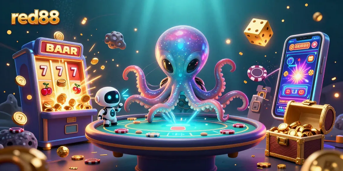 Experience thrilling gameplay with red88 as the alien octopus deals cards at a holographic poker table amidst a jackpot explosion.